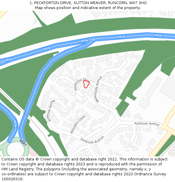 1, PECKFORTON DRIVE, SUTTON WEAVER, RUNCORN, WA7 3HG: Location map and indicative extent of plot