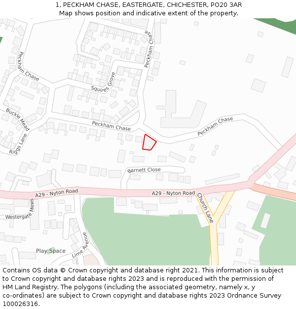 1, PECKHAM CHASE, EASTERGATE, CHICHESTER, PO20 3AR: Location map and indicative extent of plot