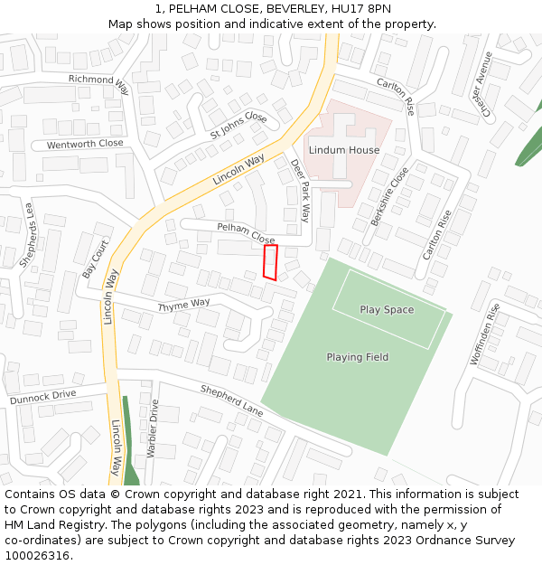 1, PELHAM CLOSE, BEVERLEY, HU17 8PN: Location map and indicative extent of plot