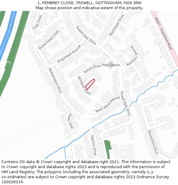 1, PEMBREY CLOSE, TROWELL, NOTTINGHAM, NG9 3RW: Location map and indicative extent of plot