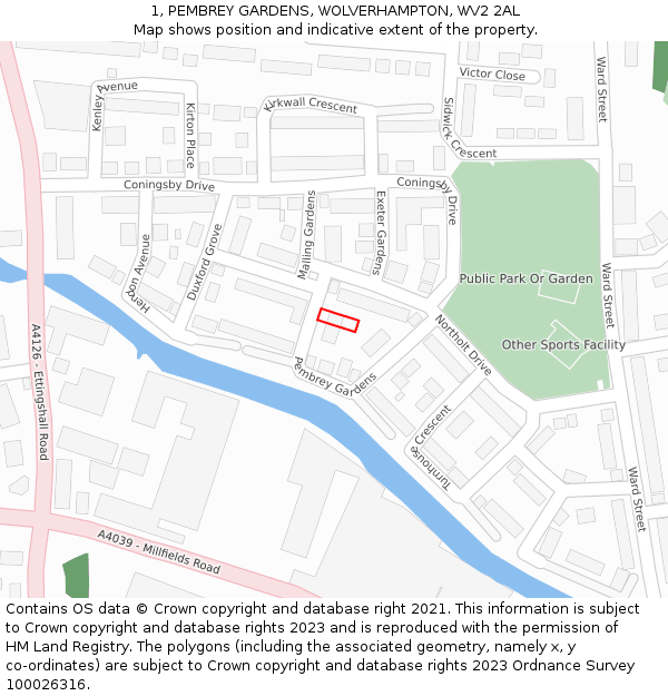 1, PEMBREY GARDENS, WOLVERHAMPTON, WV2 2AL: Location map and indicative extent of plot