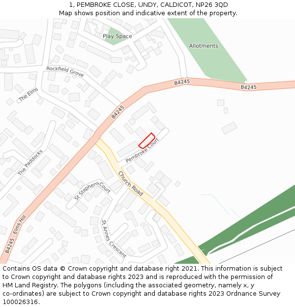 1, PEMBROKE CLOSE, UNDY, CALDICOT, NP26 3QD: Location map and indicative extent of plot