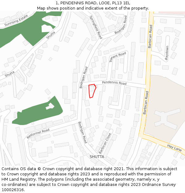 1, PENDENNIS ROAD, LOOE, PL13 1EL: Location map and indicative extent of plot