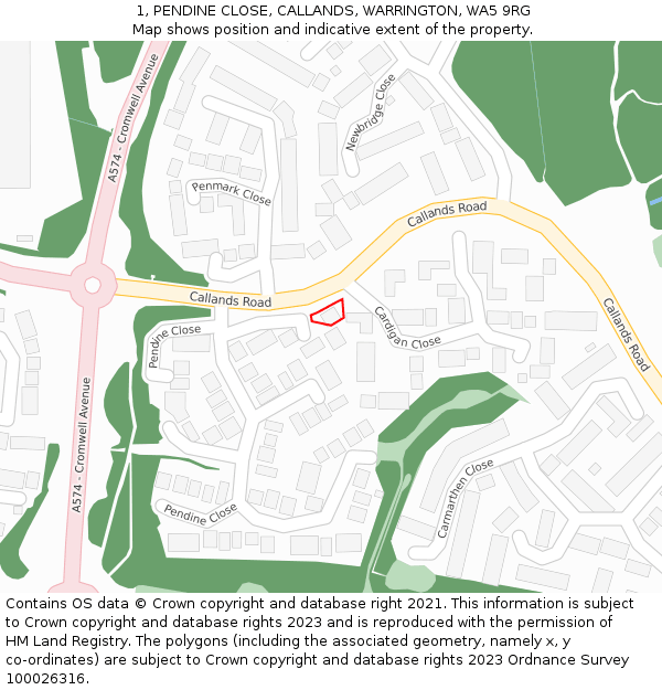 1, PENDINE CLOSE, CALLANDS, WARRINGTON, WA5 9RG: Location map and indicative extent of plot