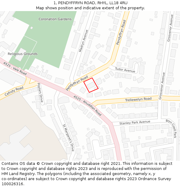 1, PENDYFFRYN ROAD, RHYL, LL18 4RU: Location map and indicative extent of plot