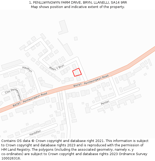 1, PENLLWYNGWYN FARM DRIVE, BRYN, LLANELLI, SA14 9RR: Location map and indicative extent of plot