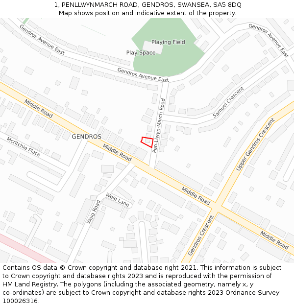 1, PENLLWYNMARCH ROAD, GENDROS, SWANSEA, SA5 8DQ: Location map and indicative extent of plot