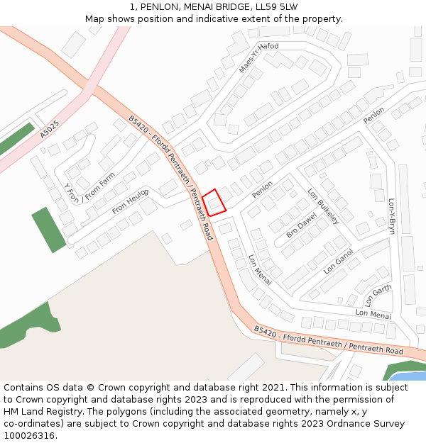 1, PENLON, MENAI BRIDGE, LL59 5LW: Location map and indicative extent of plot