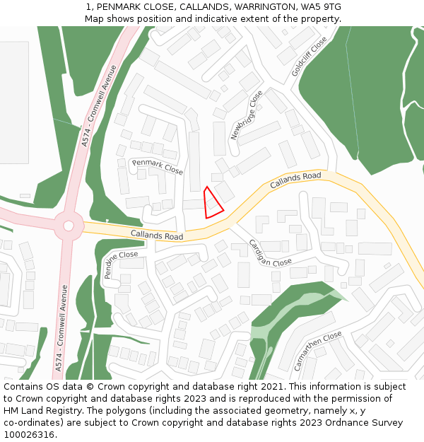 1, PENMARK CLOSE, CALLANDS, WARRINGTON, WA5 9TG: Location map and indicative extent of plot