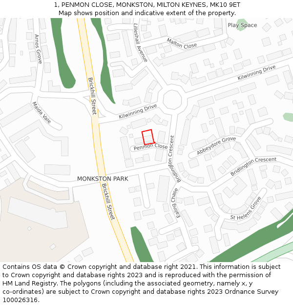 1, PENMON CLOSE, MONKSTON, MILTON KEYNES, MK10 9ET: Location map and indicative extent of plot