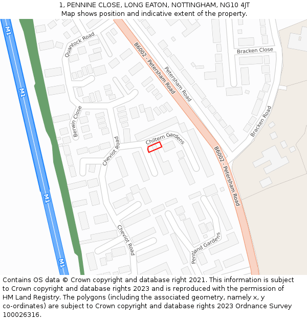 1, PENNINE CLOSE, LONG EATON, NOTTINGHAM, NG10 4JT: Location map and indicative extent of plot