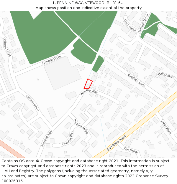 1, PENNINE WAY, VERWOOD, BH31 6UL: Location map and indicative extent of plot