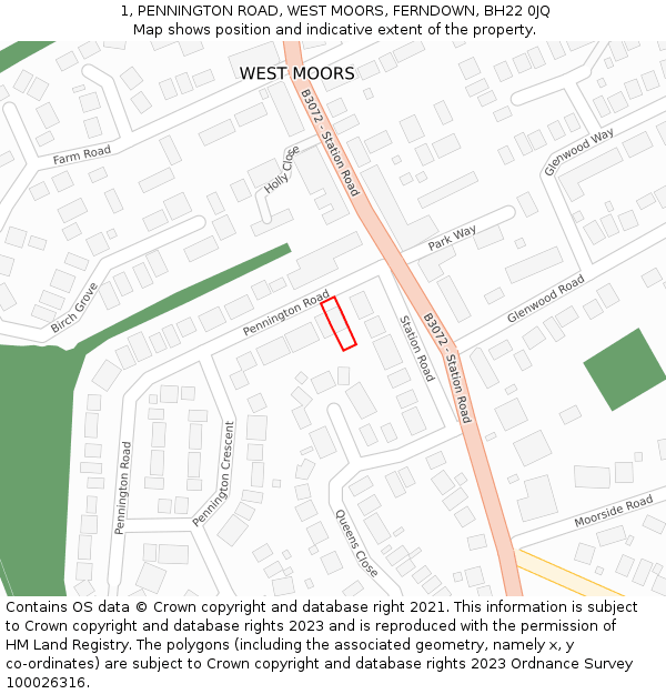 1, PENNINGTON ROAD, WEST MOORS, FERNDOWN, BH22 0JQ: Location map and indicative extent of plot