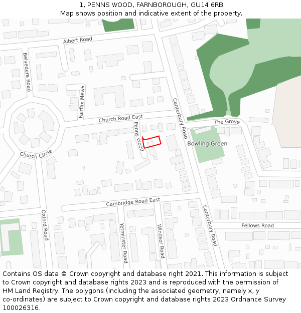 1, PENNS WOOD, FARNBOROUGH, GU14 6RB: Location map and indicative extent of plot