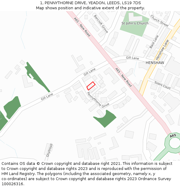 1, PENNYTHORNE DRIVE, YEADON, LEEDS, LS19 7DS: Location map and indicative extent of plot