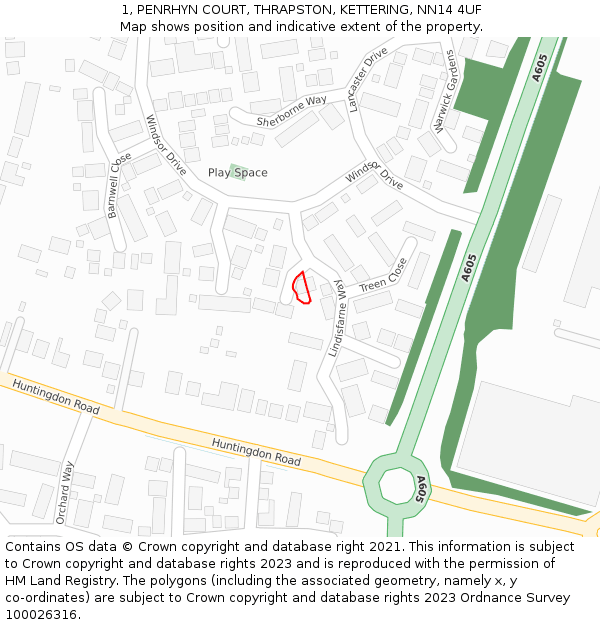 1, PENRHYN COURT, THRAPSTON, KETTERING, NN14 4UF: Location map and indicative extent of plot