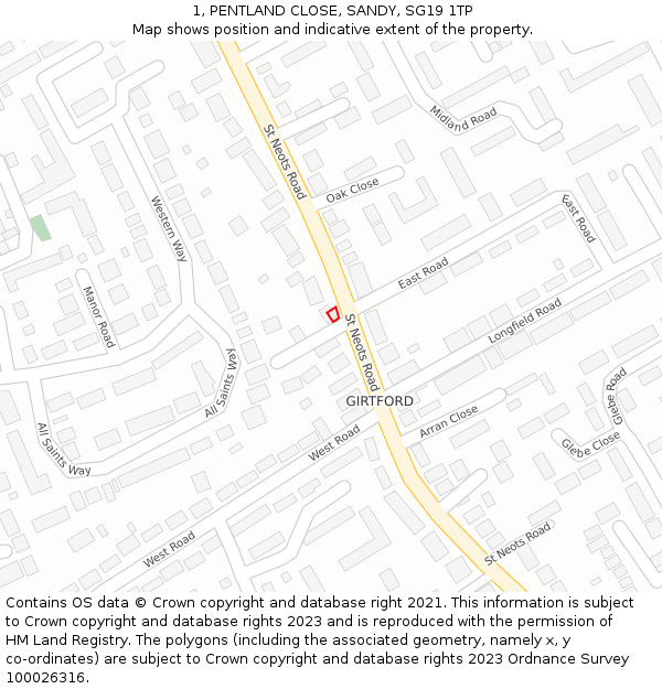 1, PENTLAND CLOSE, SANDY, SG19 1TP: Location map and indicative extent of plot