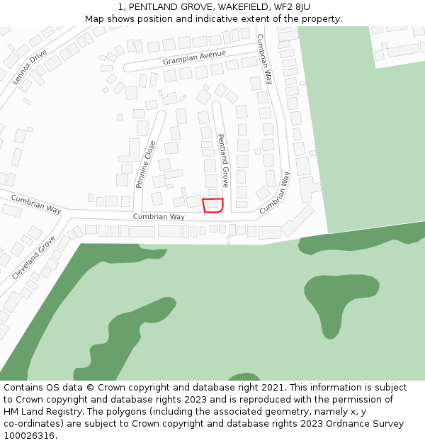 1, PENTLAND GROVE, WAKEFIELD, WF2 8JU: Location map and indicative extent of plot