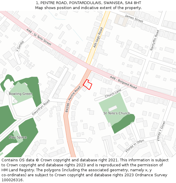 1, PENTRE ROAD, PONTARDDULAIS, SWANSEA, SA4 8HT: Location map and indicative extent of plot