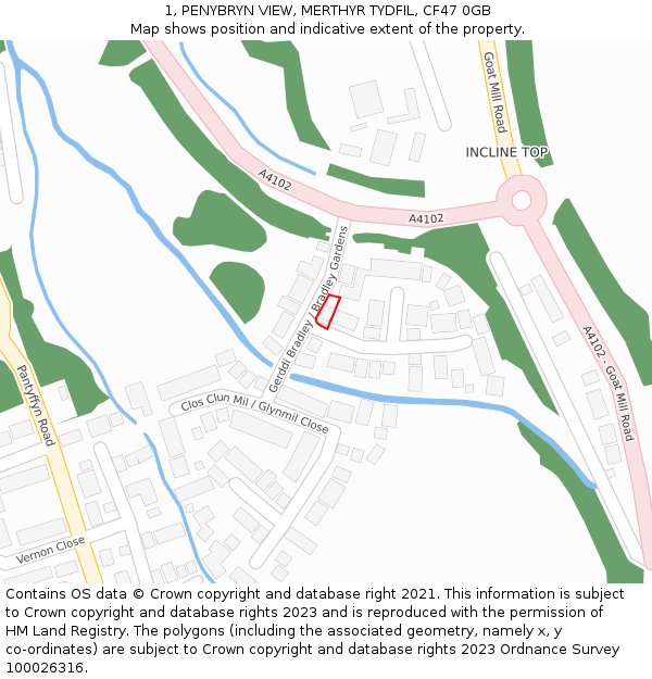 1, PENYBRYN VIEW, MERTHYR TYDFIL, CF47 0GB: Location map and indicative extent of plot