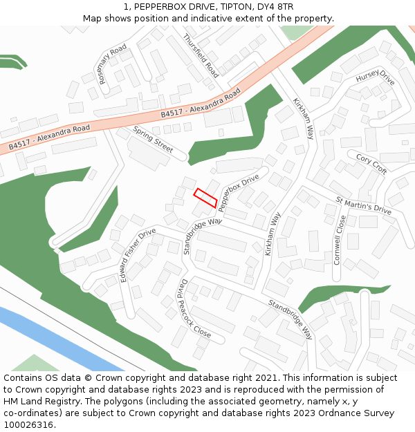 1, PEPPERBOX DRIVE, TIPTON, DY4 8TR: Location map and indicative extent of plot
