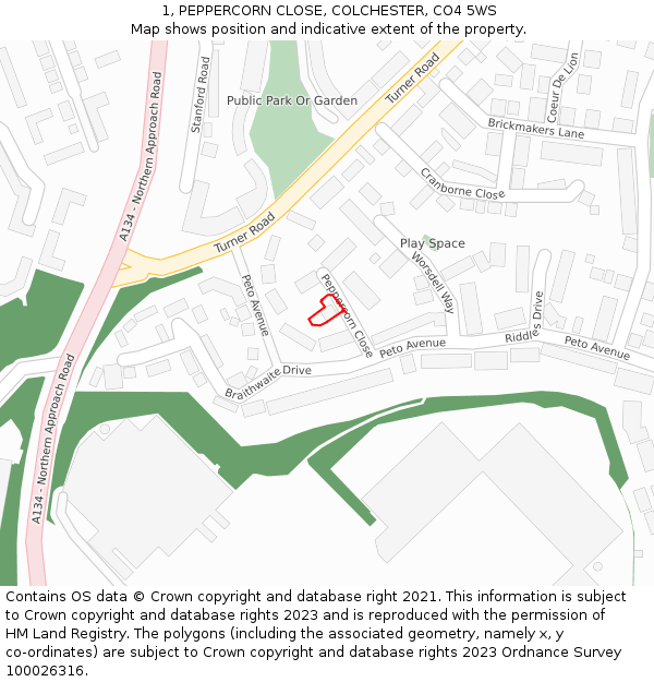 1, PEPPERCORN CLOSE, COLCHESTER, CO4 5WS: Location map and indicative extent of plot