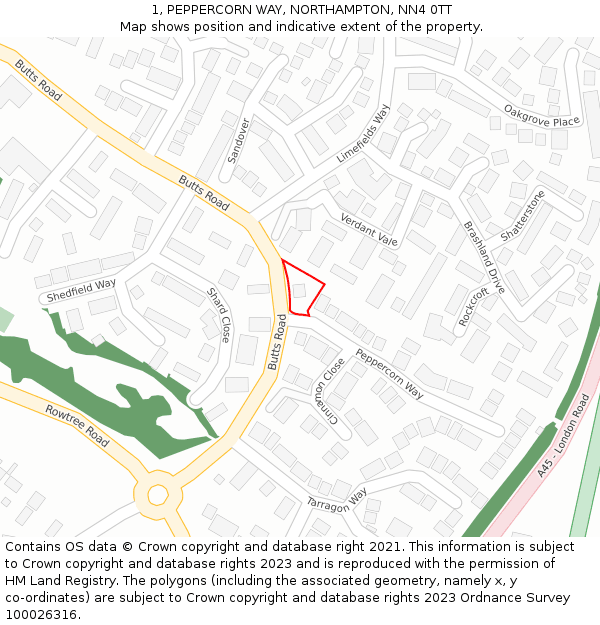 1, PEPPERCORN WAY, NORTHAMPTON, NN4 0TT: Location map and indicative extent of plot