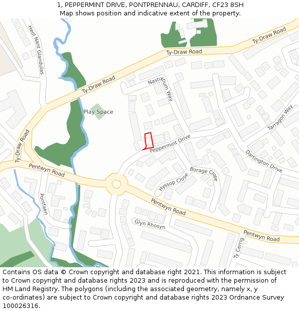 1, PEPPERMINT DRIVE, PONTPRENNAU, CARDIFF, CF23 8SH: Location map and indicative extent of plot