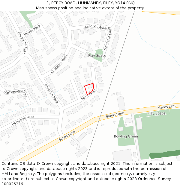 1, PERCY ROAD, HUNMANBY, FILEY, YO14 0NQ: Location map and indicative extent of plot