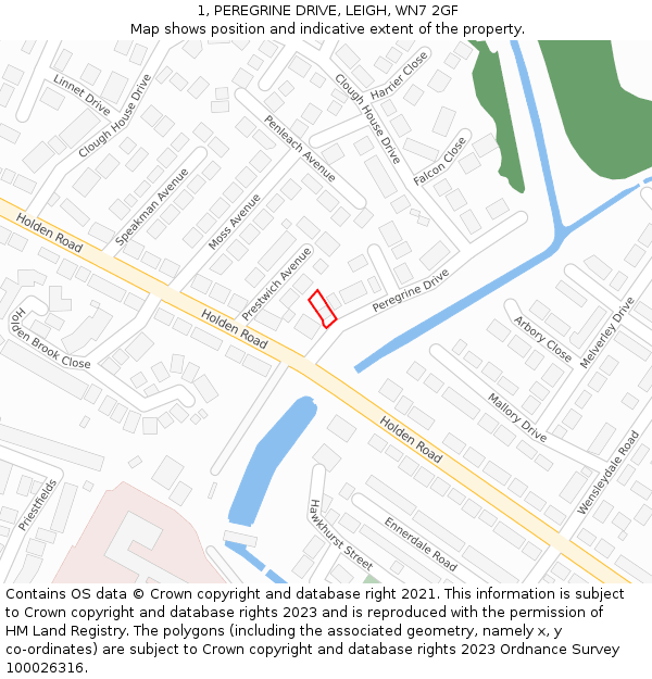 1, PEREGRINE DRIVE, LEIGH, WN7 2GF: Location map and indicative extent of plot