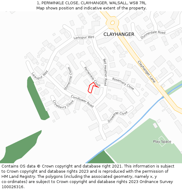 1, PERIWINKLE CLOSE, CLAYHANGER, WALSALL, WS8 7RL: Location map and indicative extent of plot