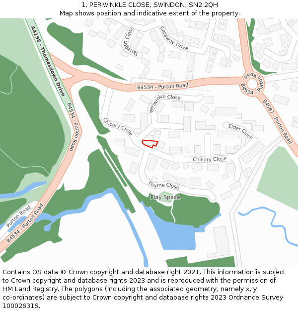 1, PERIWINKLE CLOSE, SWINDON, SN2 2QH: Location map and indicative extent of plot