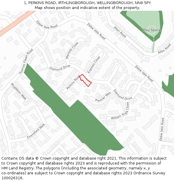 1, PERKINS ROAD, IRTHLINGBOROUGH, WELLINGBOROUGH, NN9 5PY: Location map and indicative extent of plot