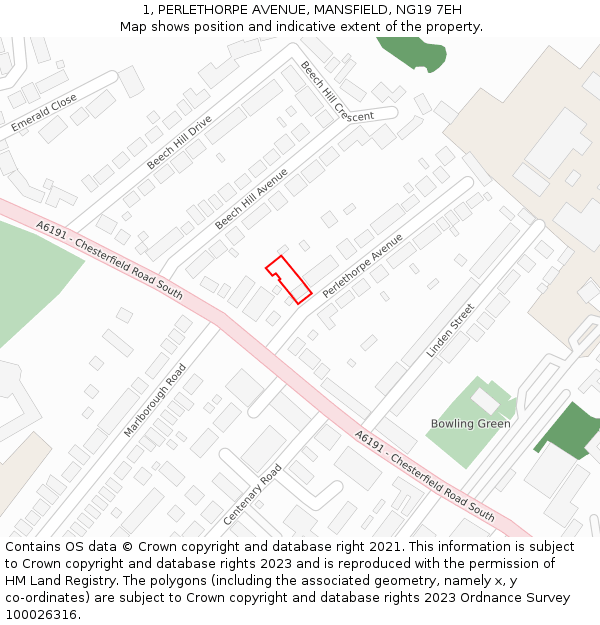 1, PERLETHORPE AVENUE, MANSFIELD, NG19 7EH: Location map and indicative extent of plot