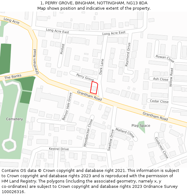 1, PERRY GROVE, BINGHAM, NOTTINGHAM, NG13 8DA: Location map and indicative extent of plot