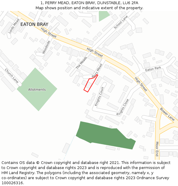 1, PERRY MEAD, EATON BRAY, DUNSTABLE, LU6 2FA: Location map and indicative extent of plot