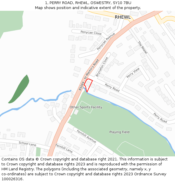 1, PERRY ROAD, RHEWL, OSWESTRY, SY10 7BU: Location map and indicative extent of plot