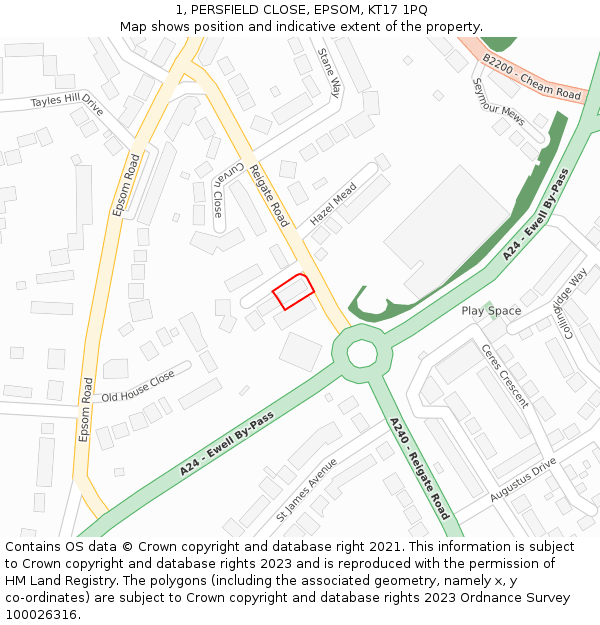1, PERSFIELD CLOSE, EPSOM, KT17 1PQ: Location map and indicative extent of plot