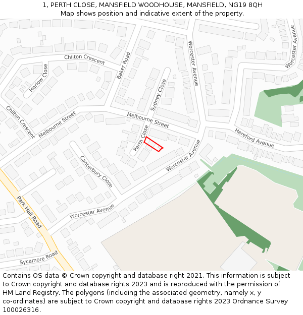 1, PERTH CLOSE, MANSFIELD WOODHOUSE, MANSFIELD, NG19 8QH: Location map and indicative extent of plot