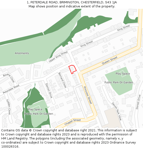 1, PETERDALE ROAD, BRIMINGTON, CHESTERFIELD, S43 1JA: Location map and indicative extent of plot