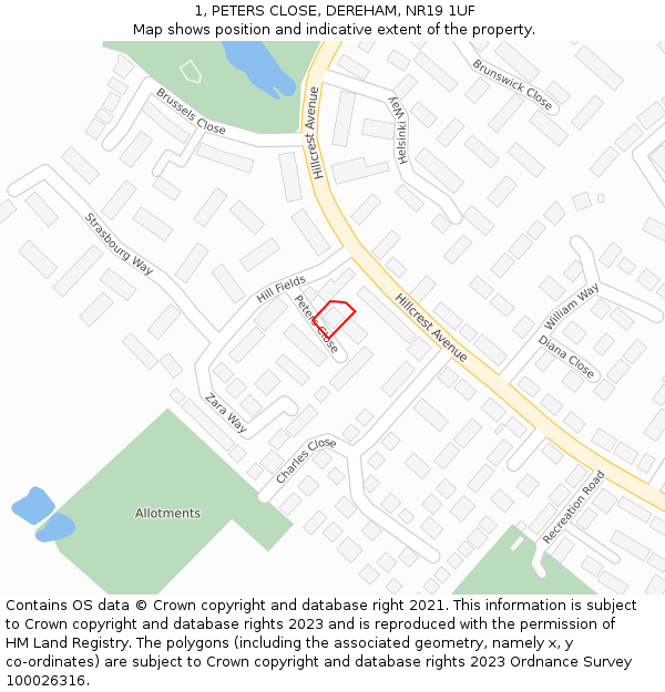 1, PETERS CLOSE, DEREHAM, NR19 1UF: Location map and indicative extent of plot