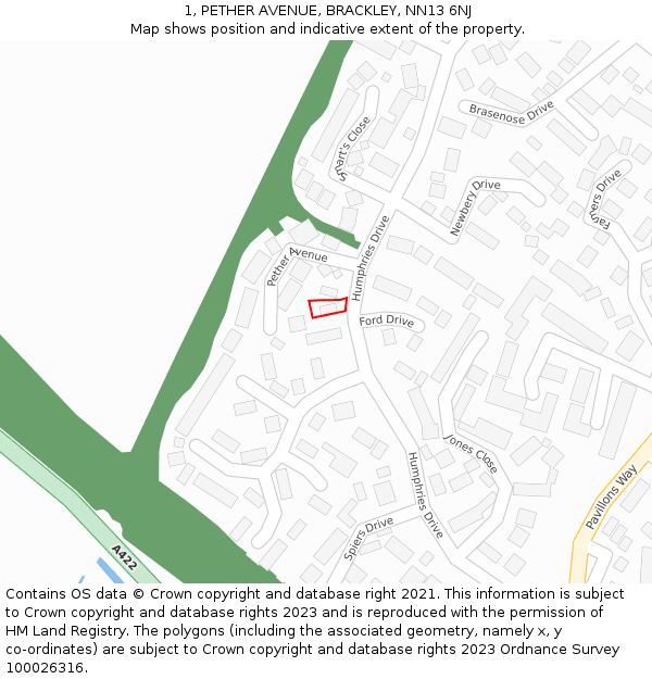 1, PETHER AVENUE, BRACKLEY, NN13 6NJ: Location map and indicative extent of plot