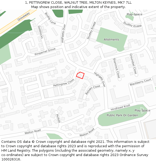 1, PETTINGREW CLOSE, WALNUT TREE, MILTON KEYNES, MK7 7LL: Location map and indicative extent of plot