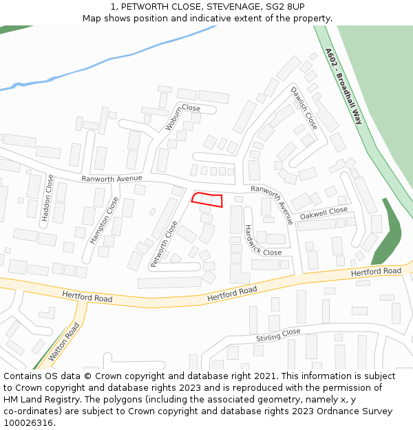 1, PETWORTH CLOSE, STEVENAGE, SG2 8UP: Location map and indicative extent of plot