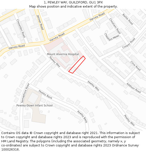 1, PEWLEY WAY, GUILDFORD, GU1 3PX: Location map and indicative extent of plot