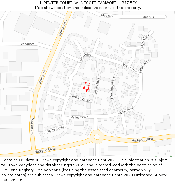 1, PEWTER COURT, WILNECOTE, TAMWORTH, B77 5FX: Location map and indicative extent of plot