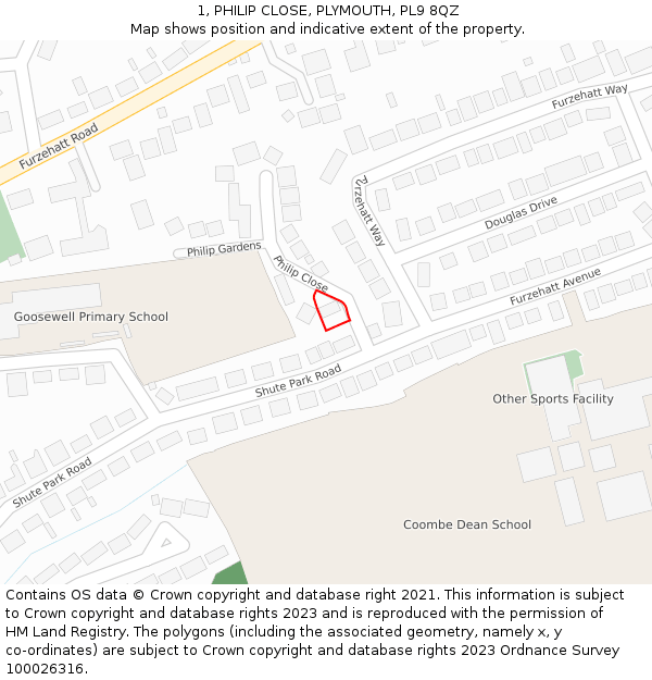 1, PHILIP CLOSE, PLYMOUTH, PL9 8QZ: Location map and indicative extent of plot