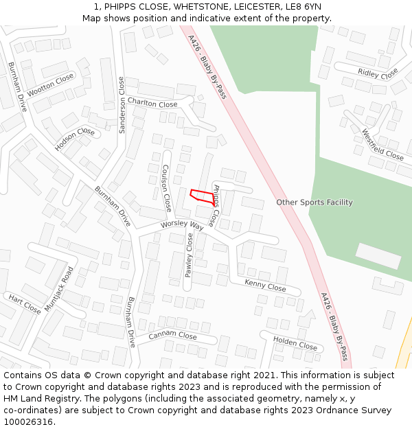 1, PHIPPS CLOSE, WHETSTONE, LEICESTER, LE8 6YN: Location map and indicative extent of plot