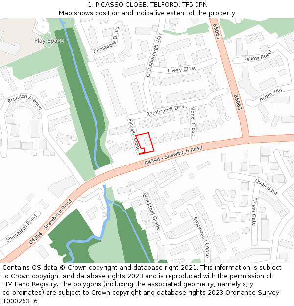 1, PICASSO CLOSE, TELFORD, TF5 0PN: Location map and indicative extent of plot