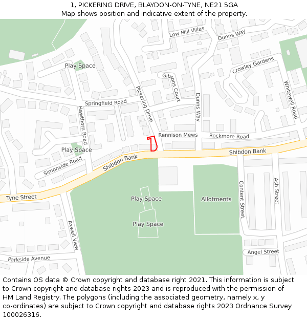 1, PICKERING DRIVE, BLAYDON-ON-TYNE, NE21 5GA: Location map and indicative extent of plot